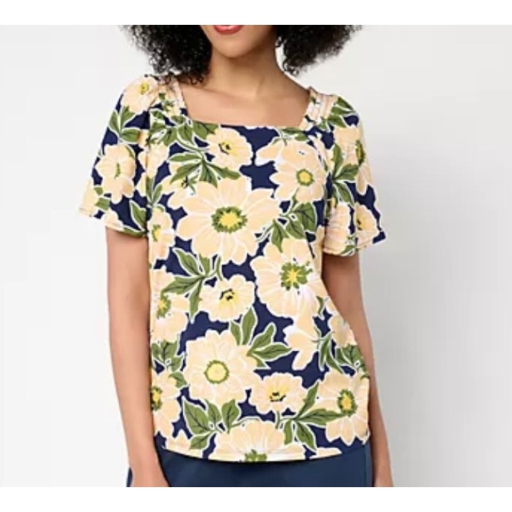AnyBody Womens Floral Square Neck Smocked Shoulder Top Navy Yellow Size L